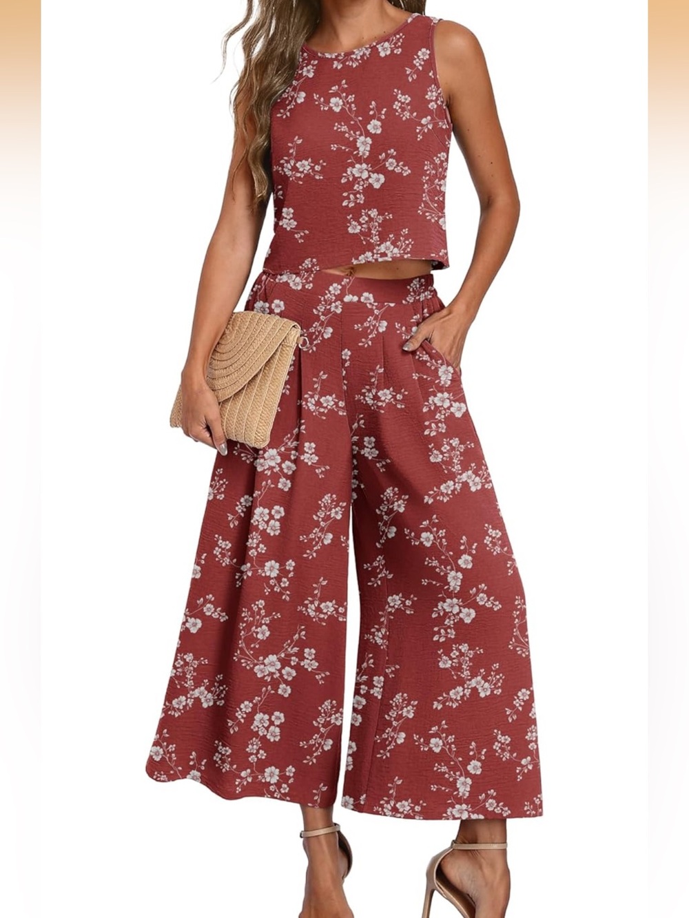 Floral Two-Piece Crop Top & Pants Set - Rust Red with White Blossoms